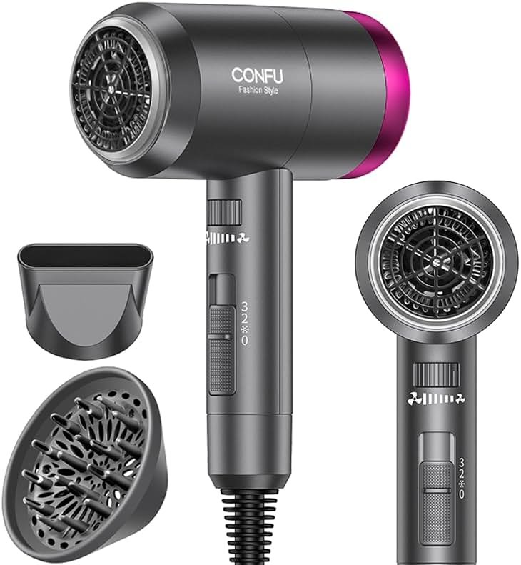 CONFU Ionic Blow Dryer 1600W, Portable Lightweight Fast Drying Negative Ion Hairdryer Blowdryer, 3 Heat Settings & Infinity Speed, with Diffuser and Concentrator Nozzle for Home & Travel - Product Image