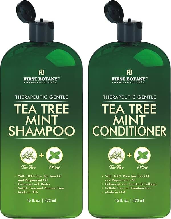 First Botany Tea Tree Mint Shampoo & Conditioner for Men & Women - Pure Tea Tree & Peppermint Oil - Fights Hair Loss, Dandruff, Lice & Itchy Scalp, Promotes Hair Growth - Sulfate Free - 16 Fl Oz x 2 - Product Image