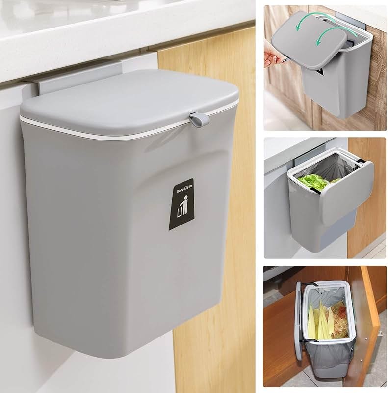 Tiyafuro 2.4 Gallon Kitchen Compost Bin for Counter Top or Under Sink, Hanging Small Trash Can with Lid for Cupboard/Bathroom/Bedroom/Office/Camping, Mountable Indoor Compost Bucket, Gray - Product Image