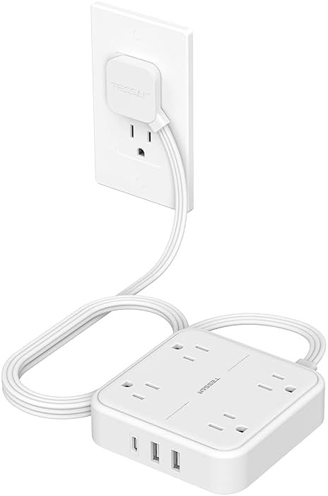 TESSAN Surge Protector Flat Extension Cord 5Ft, Flat Plug Power Strip with 4 Outlets 3 USB Ports (1 USB C), 900 Joules Protection, Multiple Wall Outlet Extender Suitable for Home Office Dorm, White - Product Image