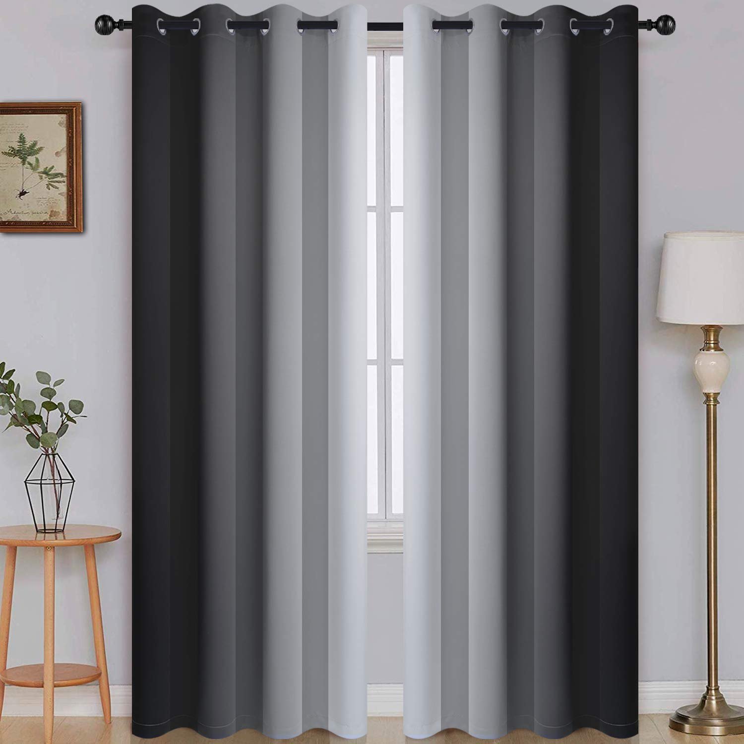 SimpleHome Ombre Room Darkening Curtains for Bedroom, Gradient Black to Grey White Light Blocking Thermal Insulated Grommet Window Curtain/Drapes for Living Room,2 Panels, 52x84 inches Length - Product Image