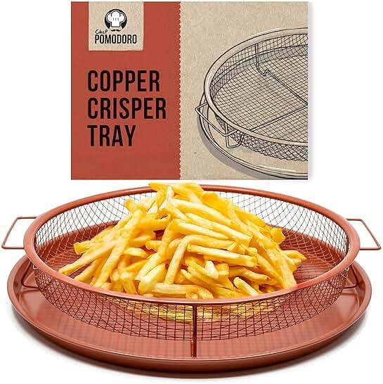 Chef Pomodoro Crisper Basket and Tray Set -2 Pieces, Large Plate for Oven with Air Fryer Option, Oil-Free Cookware Pan, Full Size Oven and Air Fryer Accessories for Any Kitchen, 12.2 inches (Copper) - Product Image