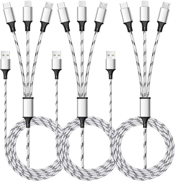 Multi Charging Cable, 5ft 3Pack Multi Charger Cable Nylon Braided Multiple USB Universal 3 in 1 Charging Cord Adapter with Type-C, Micro USB Port Connectors for Cell Phones and More - Product Image