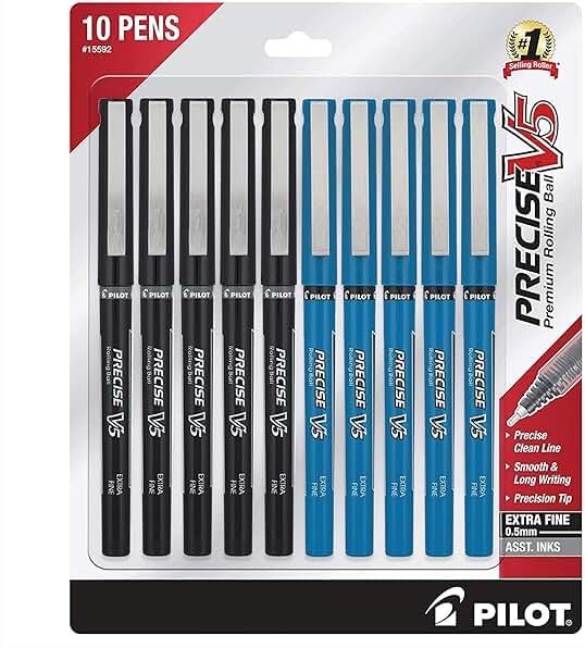 PILOT Precise V5 Rolling Ball Pen Extra Fine Point 0.5mm, 5 Black and 5 Blue Liquid Ink Rollerball Pens. pack of 10 - Product Image