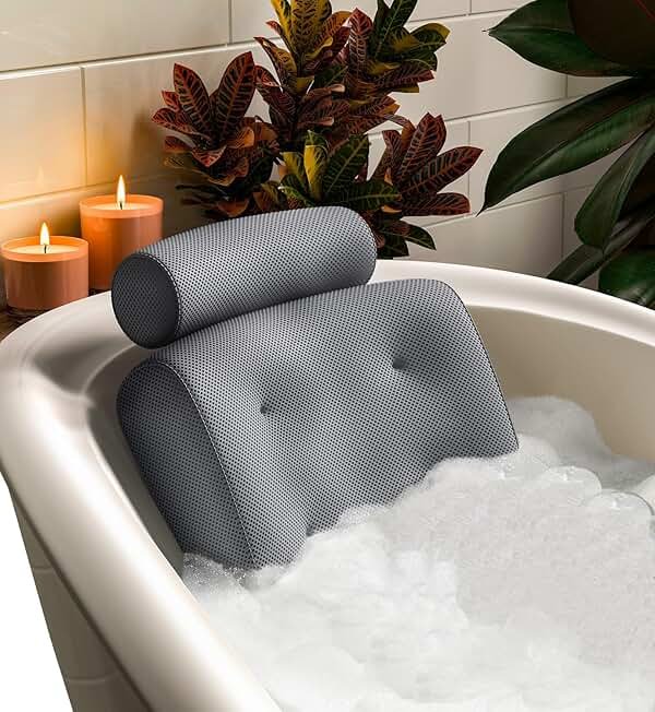 Everlasting Comfort Luxury Bath Pillows for Tub with Head and Neck Support - Non-Slip Bathtub Pillow with Suction Cups, Quick-Drying Mesh & Drying Hook - Jacuzzi & Spa Accessories for Women - Gray - Product Image