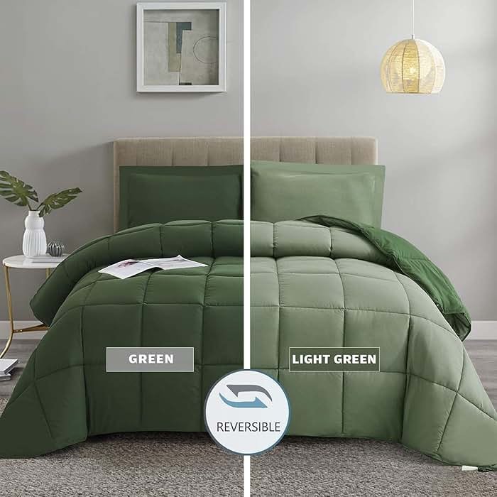 HIG 3pc Green Queen Size Comforter Set - All Season Reversible Down Alternative Bedding Comforter Set - Quilted Duvet Insert with Corner Tabs - Box Stitched Blanket - Breathable, Soft, Fluffy - Product Image