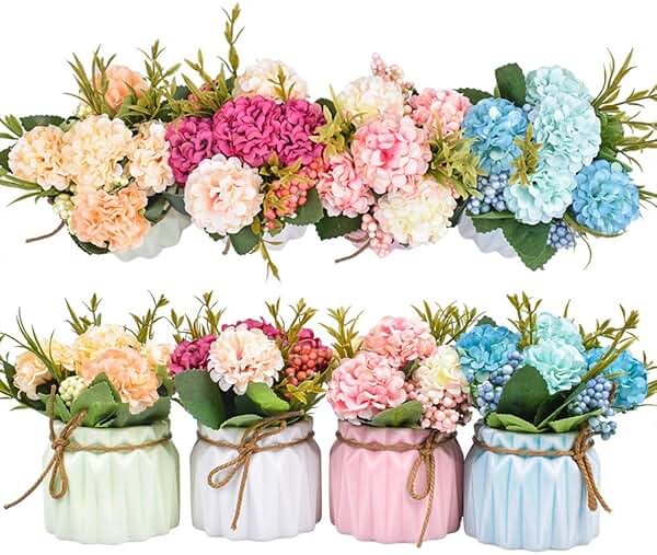 Artificial Flower Plants – Mini Fake Hydrangea Flowers in Pot for Home Decor Party Wedding Office Patio Table Desk Decoration, Set of 4, Size: 3.3''(Diameter) x 5.5''(Tall) - Product Image