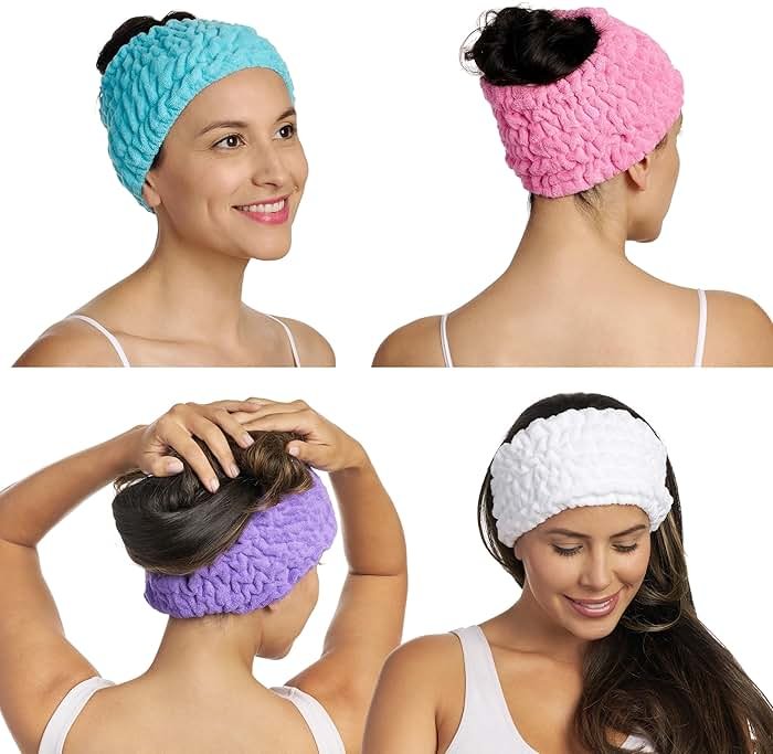 Turbie Twist 4-Pack Turbie Band for Beauty, Travel, Gifting - Microfiber Headband for Personal Care - Comfortable, Extra-Wide Spa Headband - for All Hair Types - Pink, Purple, Blue & White - Product Image