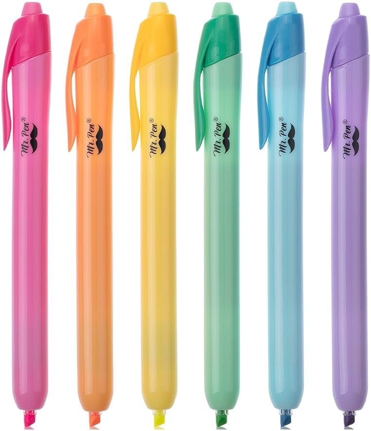 Mr. Pen- Retractable Highlighters, 6 Pack, Bright Colors, Chisel Tip Highlighter Marker Set, Click Highlighter Markers for Classroom, Journaling, Study Supplies, No Bleed On Standard Pages - Product Image