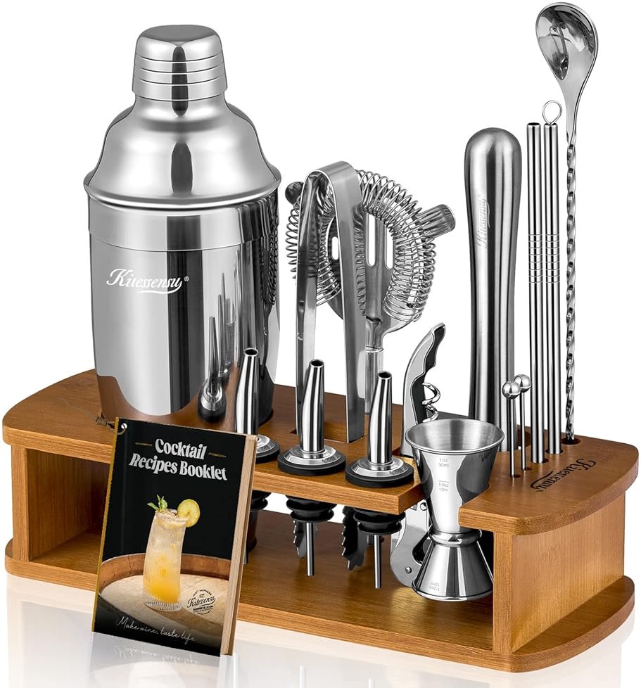 KITESSENSU Cocktail Shaker Set Bartender Kit with Stand | Bar Set Drink Mixer Set with All Essential Accessory Tools: Martini Shaker, Jigger, Strainer, Mixer Spoon, Muddler, Liquor Pourers |Silver - Product Image