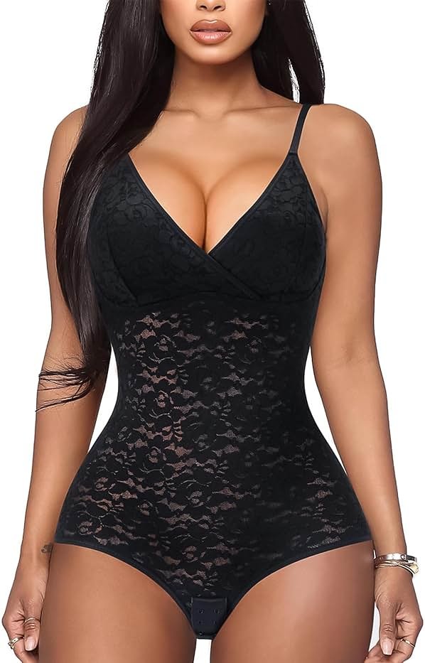 BRABIC Lace Bodysuit for Women Tummy Control Shapewear Sleeveless Tops V-Neck Backless Camisole Jumpsuit Shaper - Product Image