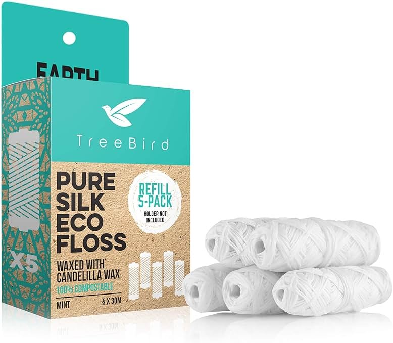 TreeBird Pure Silk Eco Floss Refills | Pack of 5 x 33yd Silk Dental Floss Spools | Waxed with Candelilla Wax | Mint - Product Image