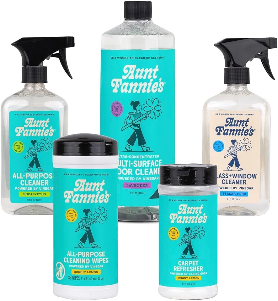 Aunt Fannie's Whole Home Cleaning Bundle: All Purpose Spray, Floor Cleaner, Glass & Window Cleaner, Multi-Surface Wipes, Carpet Refresher - Product Image