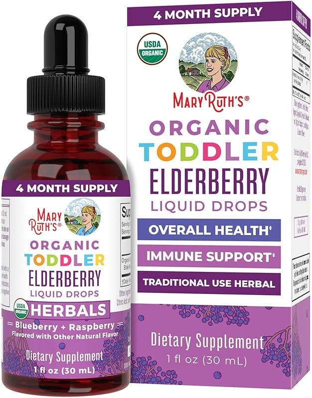MARYRUTH'S Toddler Elderberry Syrup, USDA Organic Elderberry, Sugar Free Kids Immune Support Supplement for Ages 1-3 Years, Clean Label Project Verified®, Vegan, Non-GMO, Gluten Free, 1 Fl Oz - Product Image