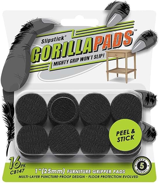 Slipstick GorillaPads CB147 Non Slip Furniture Pads/Gripper Feet (Set of 16) Self Adhesive Rubber Floor Protectors, 1 inch Round, Black - Product Image
