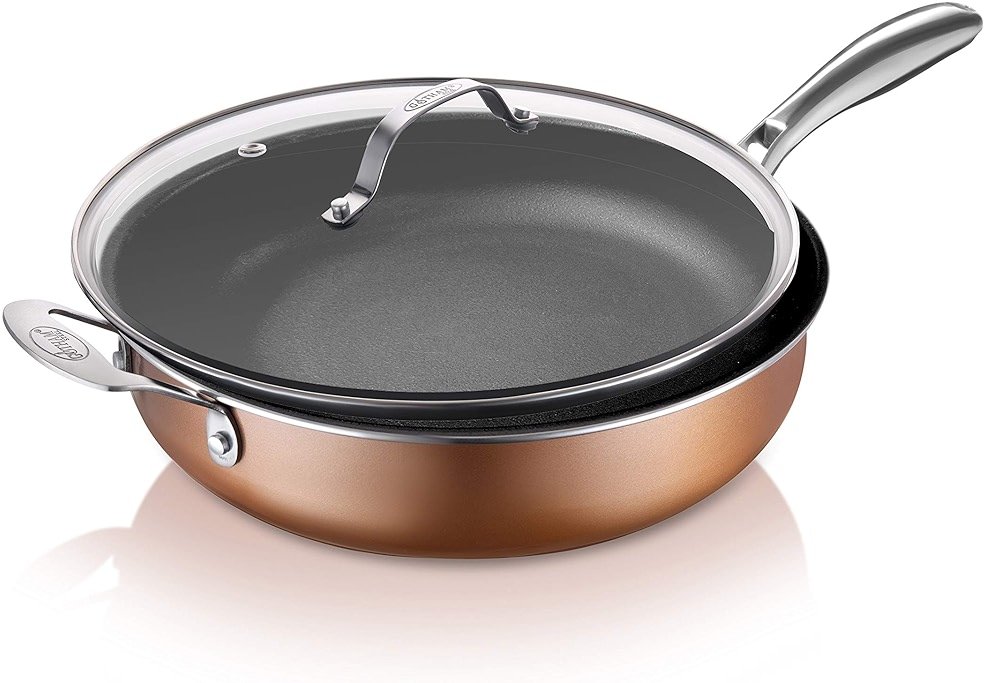 Gotham Steel Sauté Pan with Lid – 5.5 Quart Multipurpose Nonstick Jumbo Cooker with Glass Lid, Stainless Steel Handle & Helper Handle, Oven & Dishwasher Safe, 100% PFOA FREE - Product Image