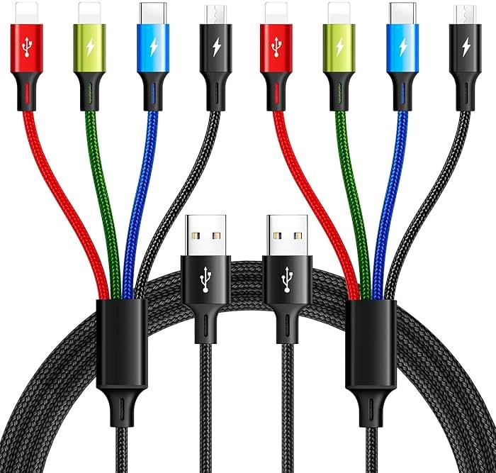 Multi Charging Cable 3.5A Multiple Charger Cable Braided 4 in 1 Multi USB Cable Fast Charging Cord with IP/Type C/Micro Ports for Cell Phones/iPhone Series/Tablets/Samsung Galaxy & More (2Pack 4Ft) - Product Image
