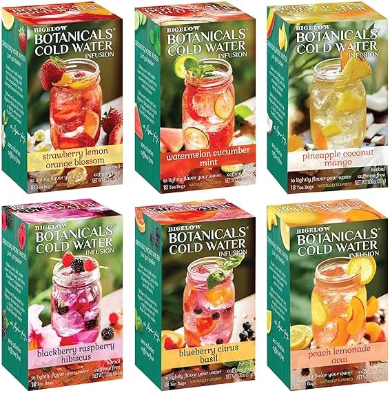 Bigelow Botanicals Cold Water Infusion Herbal Variety Pack, Caffeine Free Tea with Cranberry, Watermelon, Blackberry, Strawberry, Peach & Blueberry Flavor, 18 Count Box (Pack of 6), 108 Total Tea Bags - Product Image
