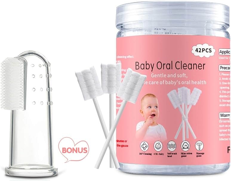 EASICUTI Baby Tongue Cleaner, 42Pcs Disposable Infant Toothbrush, Gauze Gum Cleaner Baby Oral Cleaning Stick Dental Care for 0-36 Months + Free 1 Finger Toothbrush - Product Image