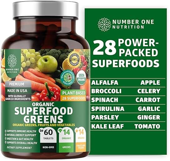 Number One Nutrition USDA Organic and Easy-to-Take Super Greens, Better Than Powder Fruits & Veggies Supplement with 28 Superfood Ingredients Like Alfalfa, Beet Root and Ginger, 60 Tablets - Product Image