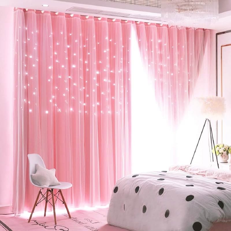 UNISTAR 2 Panels Stars Blackout Curtains for Bedroom Girls Kids Baby Window Curtain Double Layer Star Cut Out Aesthetic Living Room Decor Wall Home Decorations Curtain,W52 x L84 Inches,Pink - Product Image