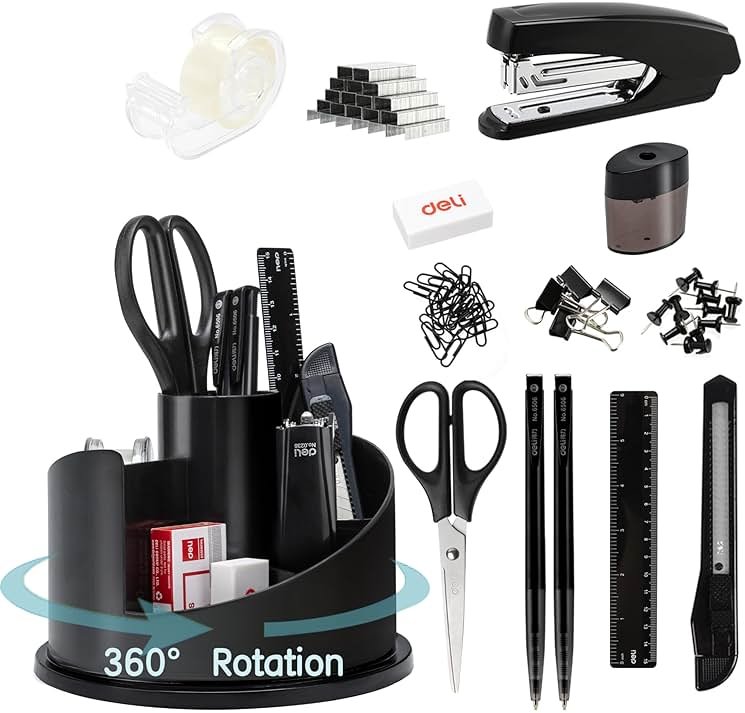 deli Office Supplies Set, 1045 Pcs-Desk Accessory Organizer Kit, Stapler Set, Rotating Multi-Functional Pen Holder, Tape Dispenser, Pens, Binder Clips, Sharpener, Scissor, Eraser, Black - Product Image