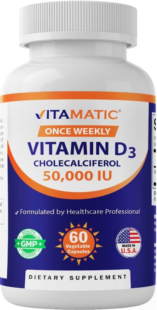 Vitamatic Vitamin D3 50,000 IU (as Cholecalciferol), Once Weekly Dose, 1250 mcg, 60 Veggie Capsules 1 Year Supply, Progressive Formula Helping Vitamin D Deficiencies (60 Count (Pack of 1)) - Product Image