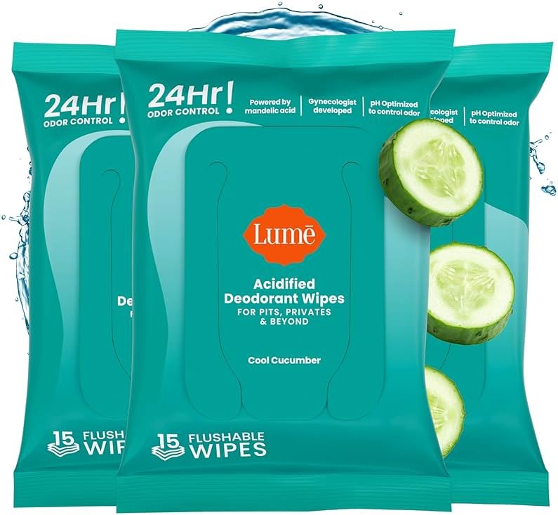 Lume Acidified Deodorant Wipes - 24 Hour Odor Control - Aluminum Free, Baking Soda Free, Skin Loving - 15 Count (Pack of 3) (Cool Cucumber) - Product Image