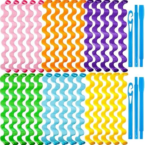 30 Pieces Heatless Waves Curlers Spiral Curls Styling Kit No Heat Hair Waver Spiral Curlers Rollers with 2 Pieces Styling Hooks for Most Hairstyles (45 cm, Mixed Color) - Product Image
