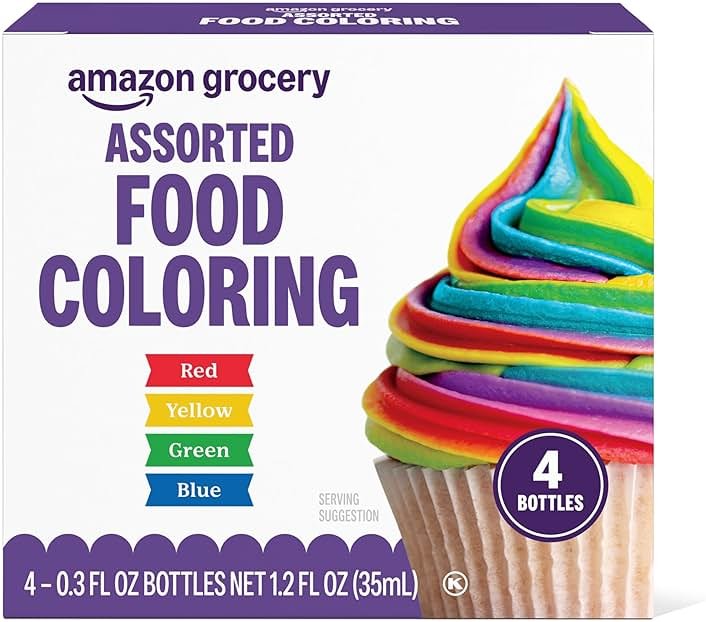 Amazon Grocery, Assorted Food Coloring, Contains Red, Blue, Green, Yellow Bottles, 1.2 Fl Oz - Product Image