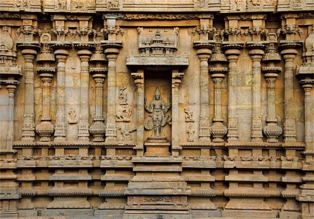 AOFOTO 10X7FT Hindu Temple Carved Walls Backdrop Thanjavur Ancient Old Brihadishvara Temple Columns Carved Idols on Wall Background for Photography Travel Photo Studio Props Vinyl - Product Image