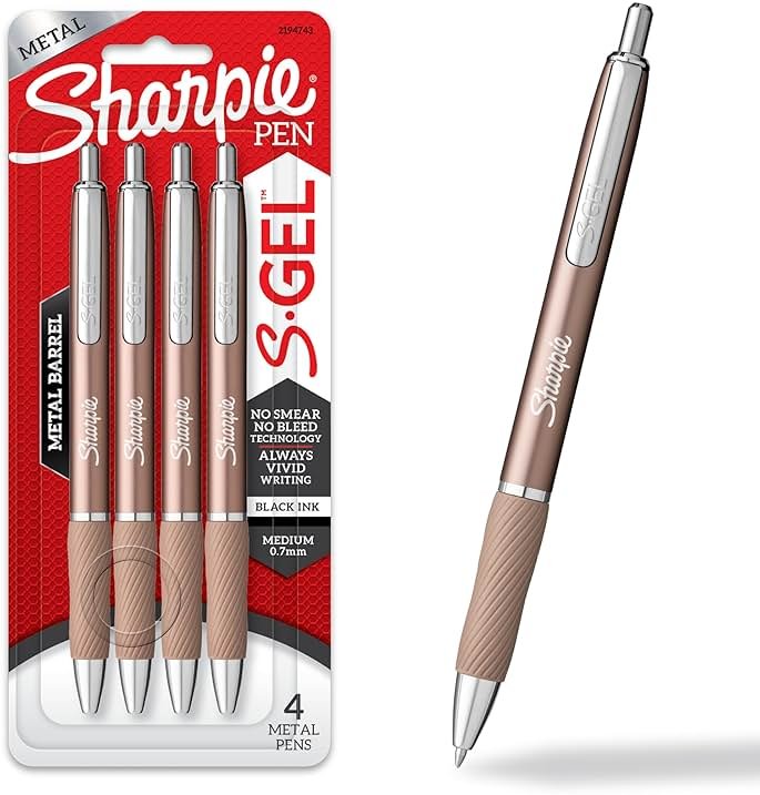 Sharpie S-Gel, Gel Ink Pens, Medium Point (0.7mm), Sleek Metal Barrel, Champagne, Black Ink, 4 Count - Drawing, Journaling, Writing, School, Teacher Supplies - Product Image