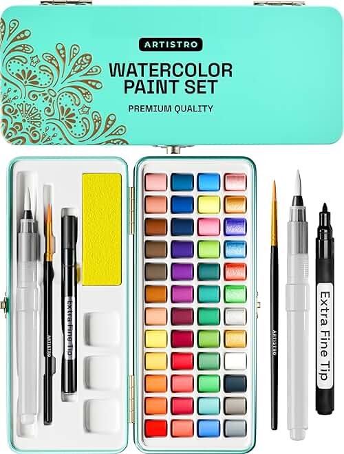 ARTISTRO 50 Color Watercolor Paint Set - Portable Paint Art Kit with Palette and Brush Pens - Travel Water Color Set for Adults, Professionals, Kids - Art and Painting Supplies - Gift Idea - Product Image