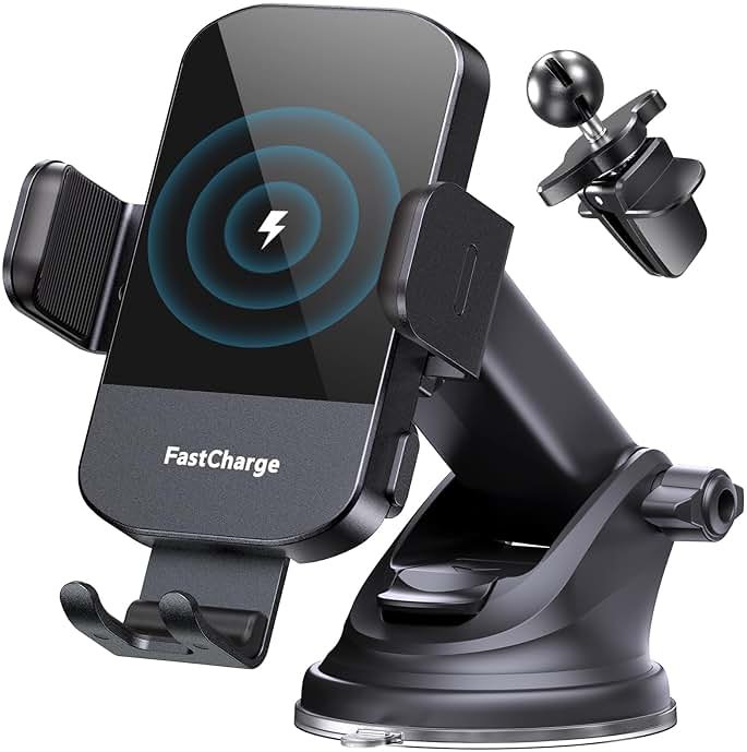 CHGeek Wireless Car Charger, 15W Fast Charging Auto Clamping Phone Holders for Your Car Phone Mount fit for iPhone 17 16 15 14 13 12 Pro Max 11 XR XS, for Samsung Galaxy S25 Ultra S24 S23, Black - Product Image