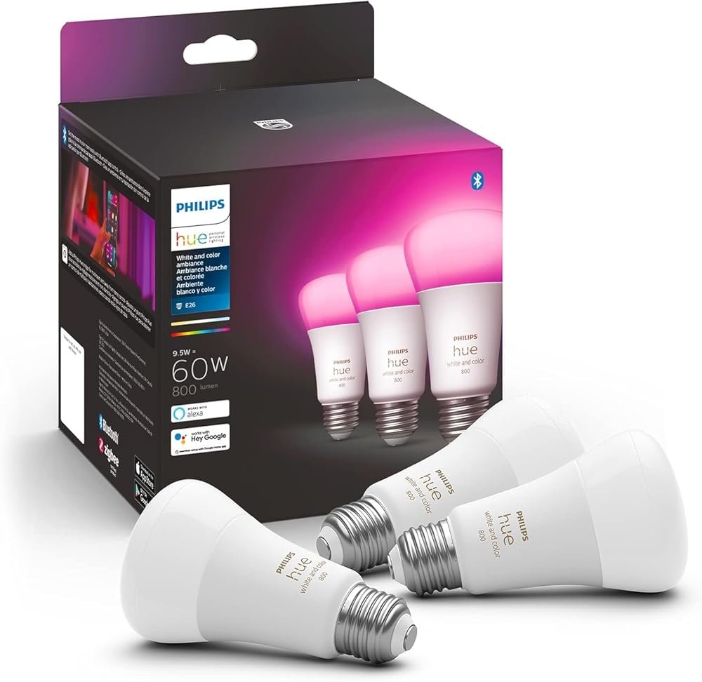 Philips Hue A19 LED Smart Light Bulb - White and Color Ambiance - 60W Indoor Light Bulb - Control with Hue App - Works with Alexa, Google Assistant and Apple Homekit - 3 Pack - Product Image
