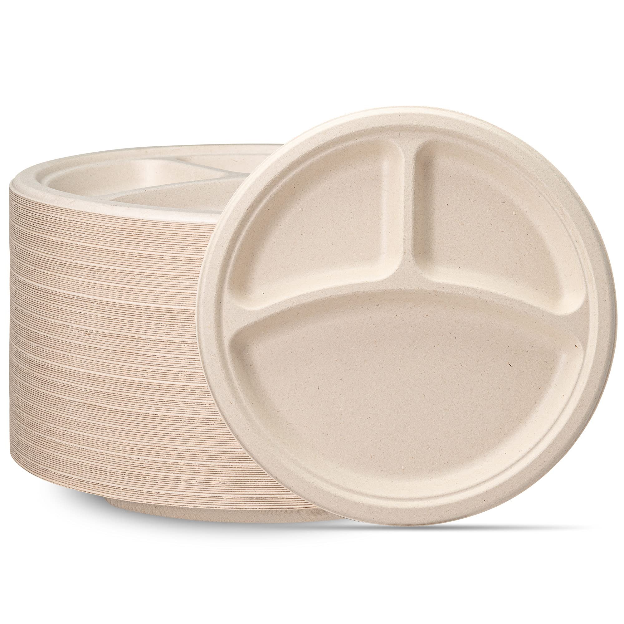 GUSTO 10 Inch 3-Compartment Sugarcane Paper Plates [125 Count] Heavy Duty Compostable Divided Dinnerware – Disposable Bagasse Plates for Meals & Parties (Formerly Comfy Package) - Product Image