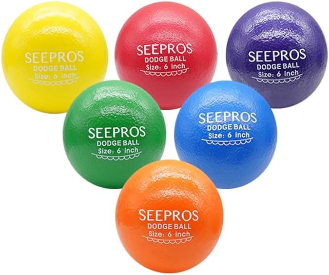 SEEPROS Foam Dodgeball Set - Soft Skin, Low Bounce, Set of 6 with Mesh Storage Bag for Kids and Adults - Product Image