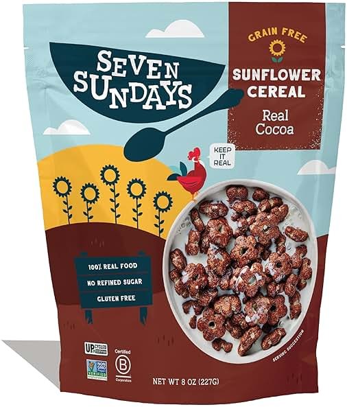 Seven Sundays Sunflower Cereal, Real Cocoa, 8 Oz Bag, Grain & Gluten Free, 5g Upcycled Protein, 1g Added Sugar, Crunchy Chocolate Snack - Product Image