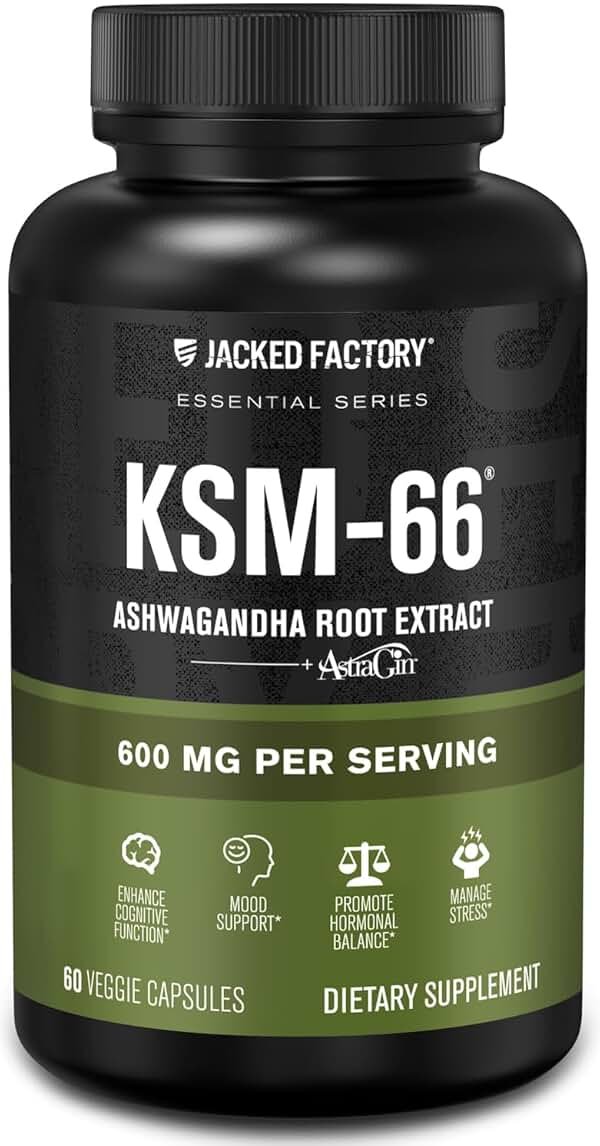 Jacked Factory Ashwagandha Root Extract (KSM-66 Ashwagandha) w/ 5% Withanolides - Supplement for Natural Stress Relief, Cognitive Function, Vitality, and Mood Support - 60 Veggie Capsules - Product Image