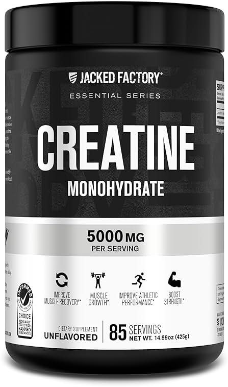 Jacked Factory Creatine Monohydrate Powder 425g - 5g Daily Creatine Supplement for Men and Women, Vegan-Friendly, Third-Party Tested - 85 Servings, Unflavored - Product Image