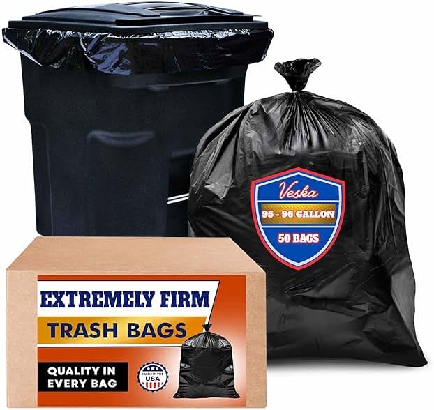 Veska 95-96 Gallon Trash Bags Heavy Duty (Huge 50 Bags W/Ties) 95-96 Gallon Trash Bags Large Black Heavy Duty Can Liners, Large 90-100 Gallon Garbage Can Liners - Product Image