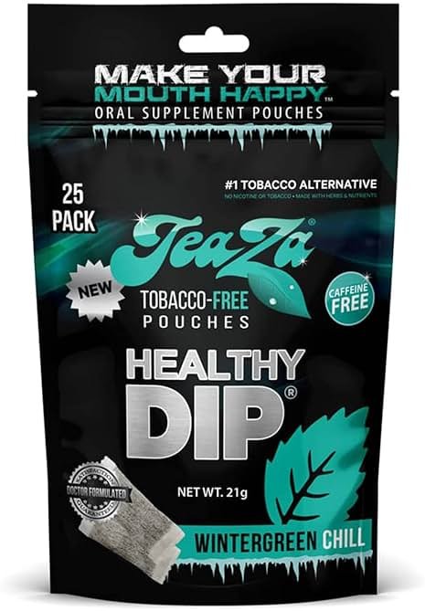 TeaZa Herbal Energy Pouches Tobacco Free Dip Nicotine Free, Smokeless Alternative Snuff Healthy Chewing Dipping Alternative, Wintergreen Chill (1 Pack) No Caffeine Refreshing Cool Flavor - Product Image