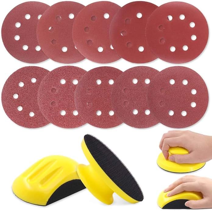Glarks 62Pcs 5 Inch Hand Sanding Blocks Round and Mouse Hand Sanding pad with 60Pcs 8 Hole Hook and Loop Sanding Disc Set for Woodworking, Furniture Restoration, Home and Automotive Body - Product Image