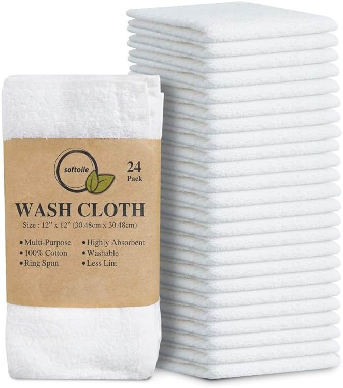 Softolle 100% Cotton Washcloths 24 Pack (12x12 Inches) Soft, Highly Absorbent Washcloth, Face Towels, Wash Cloths for Face, Ring Spun, Bulk Pack (White) - Product Image