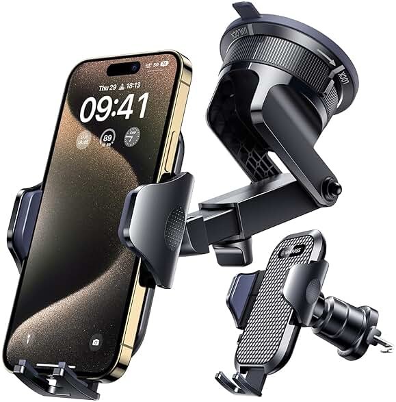 [True Military-Grade] Car Phone Holder VANMASS [Upgraded Strongest Suction&Clip] Cell Phone Mount for Dashboard Windshield Vent Kit, Truck Cradle Stand for iPhone 17 Pro Max 16 15 14 Android,Ink Black - Product Image