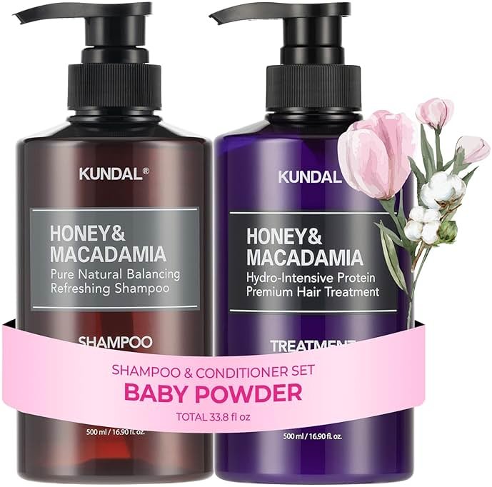 KUNDAL Honey & Macadamia Korean Shampoo & Conditioner Set, Baby Powder, 16.9 Fl Oz Each - Restore Moisture & Prevent Dryness, Argan Oil - Korean Hair Care, Sulfate Free, Long Lasting Scent - Product Image