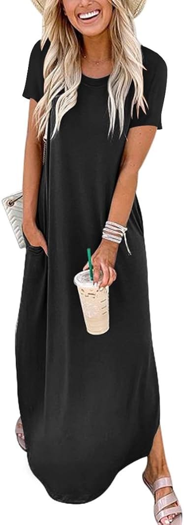 ANRABESS Womens Summer Maxi Dress Short Sleeve Casual Loose Long T Shirt Dresses Split Vacation Beach Sundress Travel Outfits - Product Image