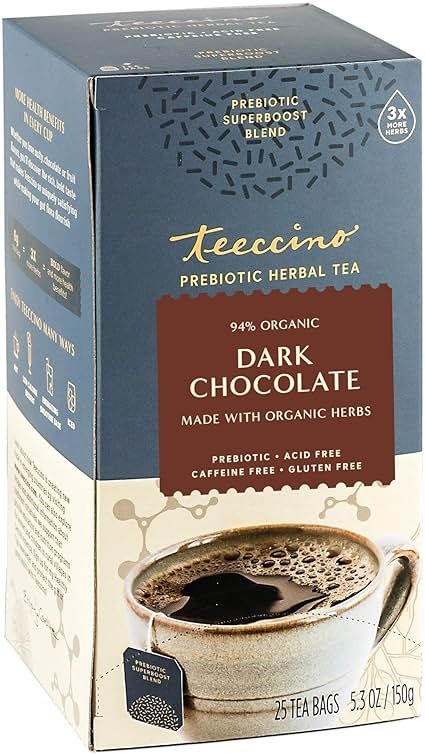 Teeccino Dark Chocolate Prebiotic SuperBoost™ Herbal Tea - Support Your Probiotics with Vegan GOS & Organic XOS For Good Gut Health and Regularity, 25 Tea Bags - Product Image