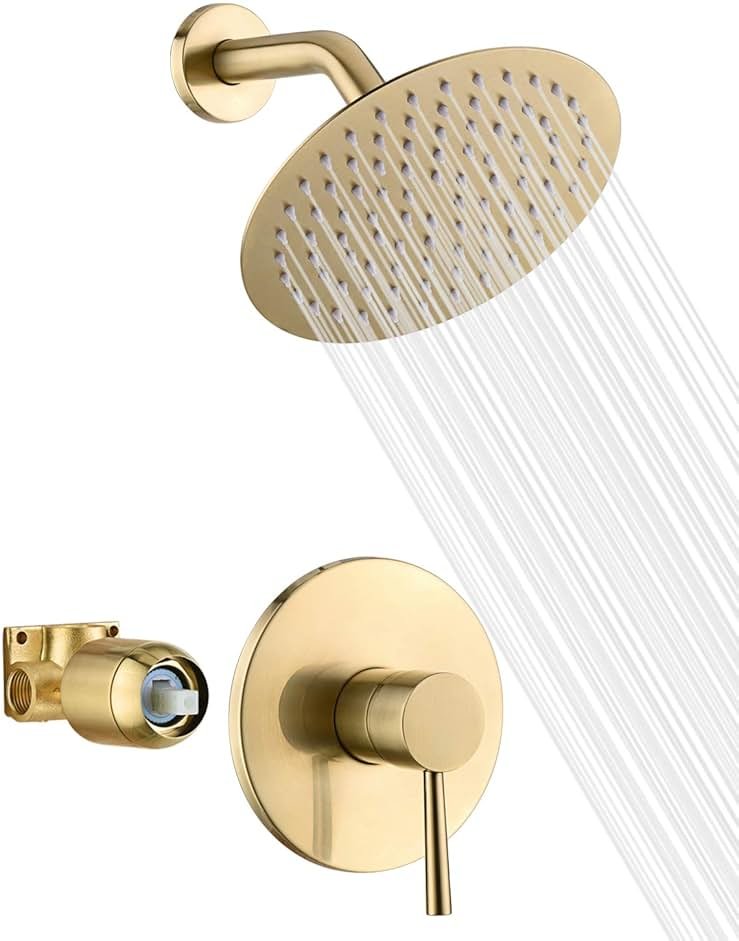 sumerain Brushed Gold Shower Faucet Set with 8 Inches Stainless Steel Rain Shower Head, Solid Brass Rough In Valve - Product Image