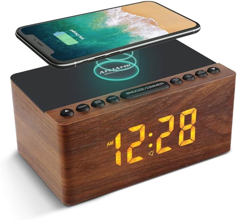 ANJANK Wooden Digital LED Alarm Clock FM Radio, Fast Wireless Charger Station for iPhone/Samsung Galaxy, 5 Level Dimmer, USB Charging Port, 9 Sounds, Sleep Timer for Bedroom, Bedside, Desk - Product Image